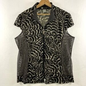 Damee Womens Sheer Mesh Animal Print Zip Top XL Artsy Travel Lagenlook Statement